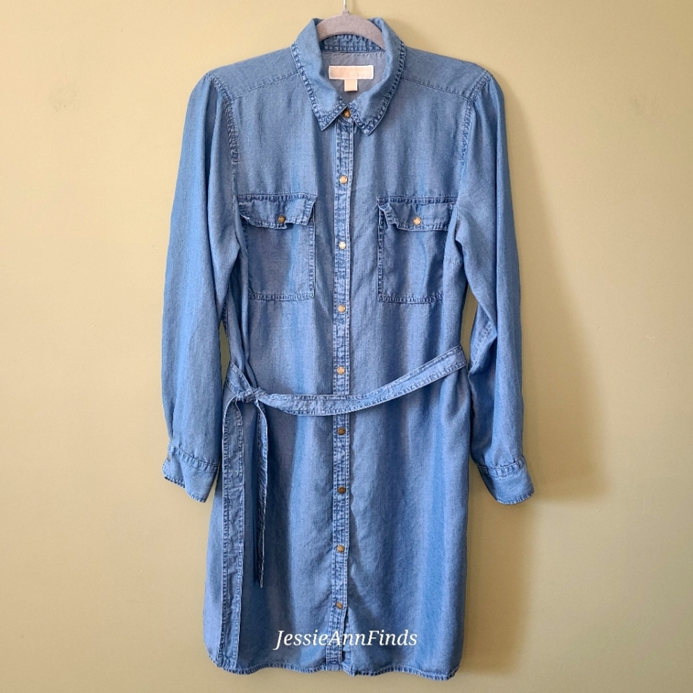 Michael Kors Blue Chambray Belted Snap Front Shirt Dress Size Large
